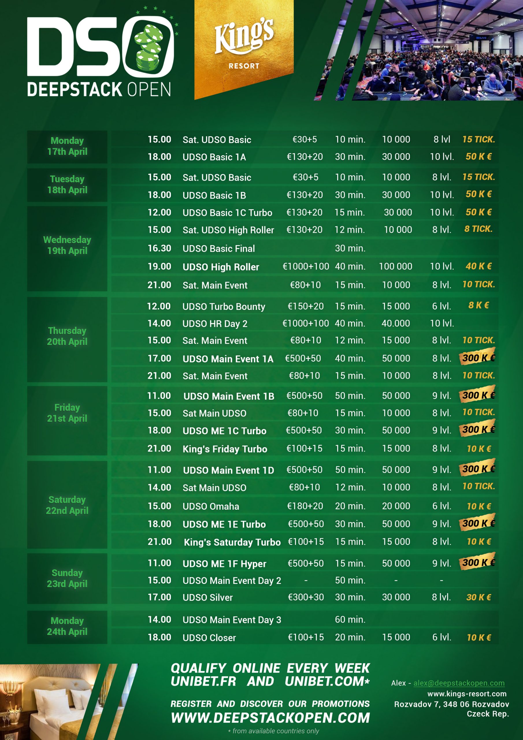 schedule UDSO poker tournament king's rozvadov