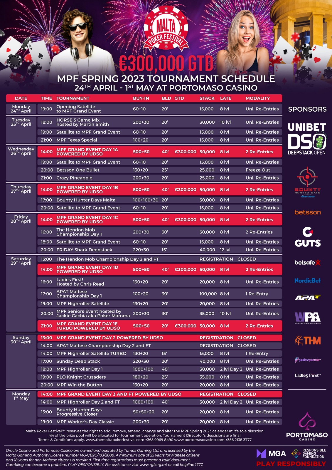 Schedule programme Malta Poker Festival UDSO MPF 2023 Portomaso poker holdem casino